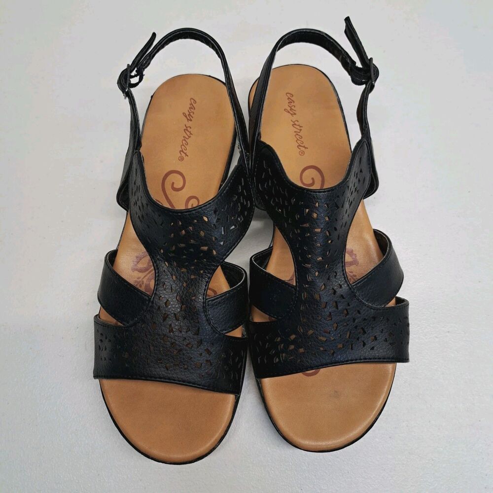 Easy Street Bolt Open Toe Casual Slingback Black Sandals Women's Size 10W - Picture 2 of 6